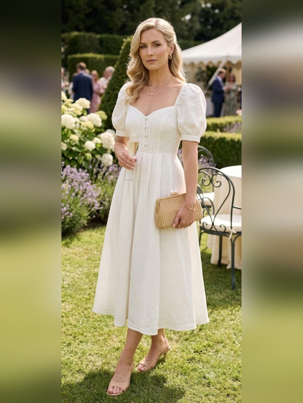 The Country NWT Elegant Off White Puff-Sleeve Linen Midi Dress Size S